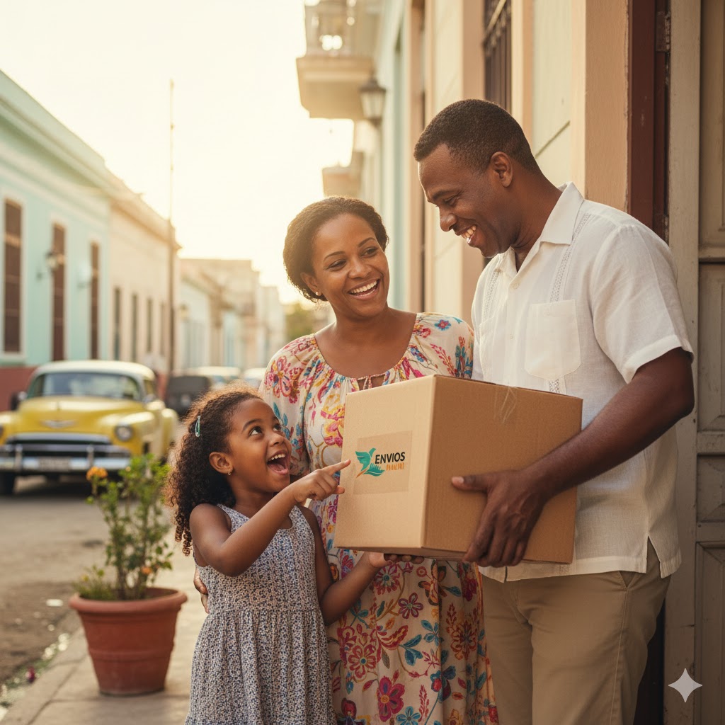 Familia recibiendo paquete